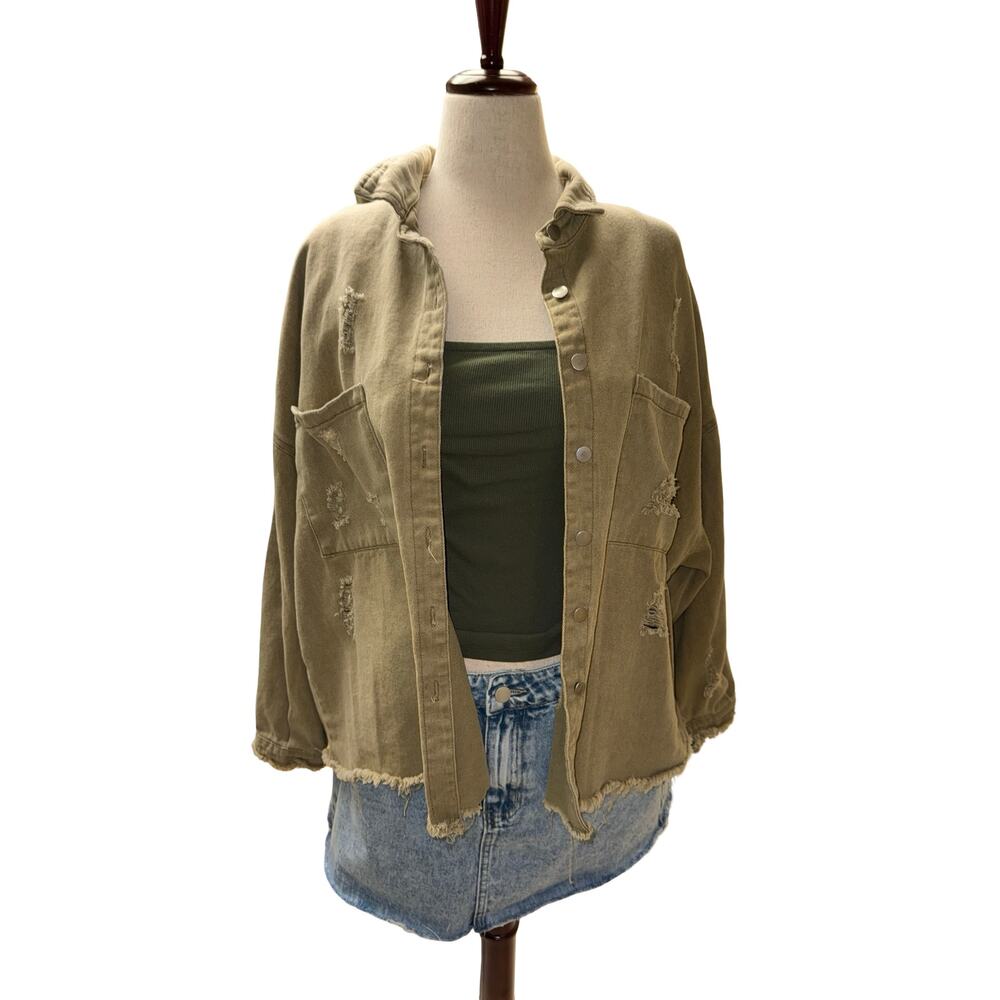 POL Sweet Talker‎ Distressed Oversized Star Patch Cotton Shacket Green Large